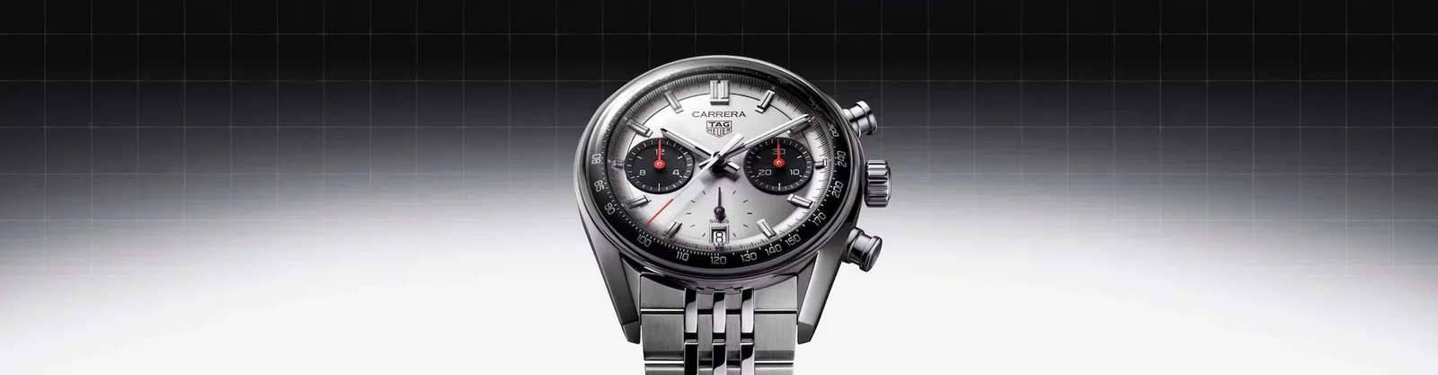 Luxury men's chronograph watch with silver panda dial and stainless steel bracelet